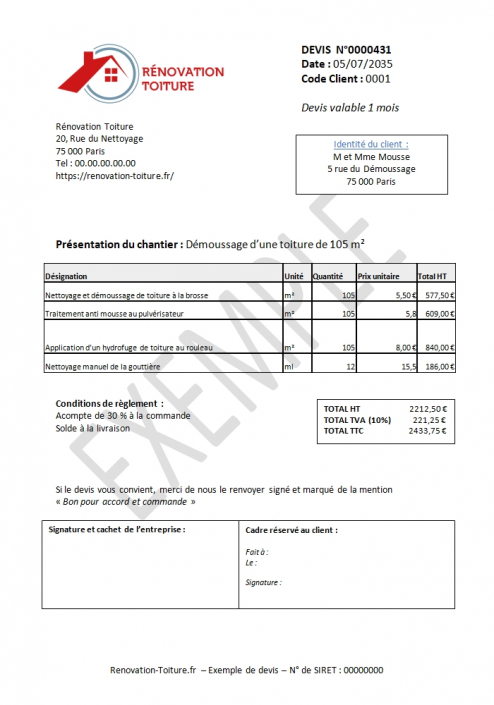 Exemple devis nettoyage toiture  Rénovation Toiture  conseils et